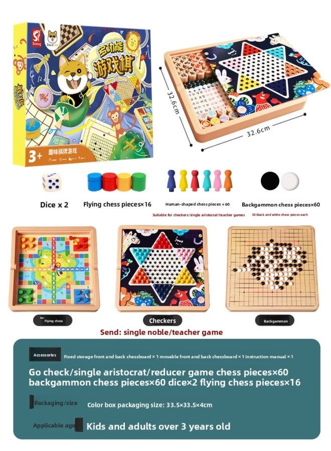 All-In-One Checkers, Flying Chess, Backgammon, Beast Chess Game, Children's Student Wooden Toys